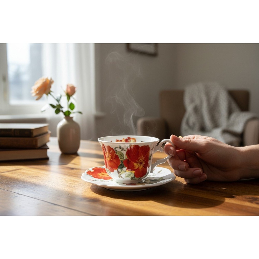 Stechcol Gracie Bone China Teacup Saucer Set Red Floral Bee Very Good